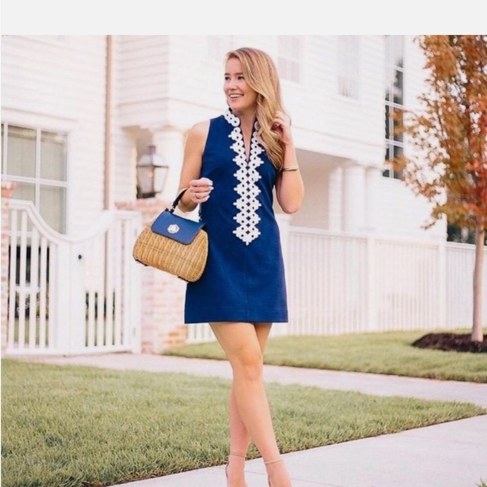 Lilly Pulitzer Callista Navy Sleeveless Mini Dress with White Crochet Trim
